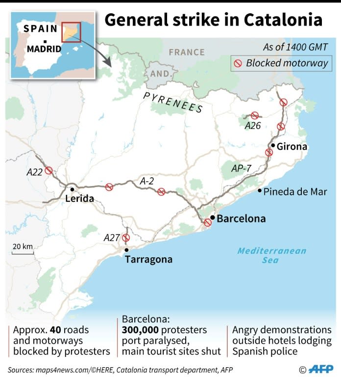 Map of Catalonia, showing key locations of general strike across the region