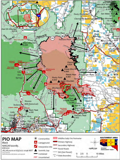 An updated map shows the distance the Black Fire in the Gila National Forest is from surrounding communities June 6, 2022.