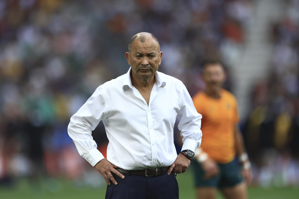 Australia's head coach Eddie Jones waits for the start of the Rugby World Cup Pool C match between Australia and Fiji at the Stade Geoffroy Guichard in Saint-Etienne, France, Sunday, Sept. 17, 2023. (AP Photo/Aurelien Morissard)