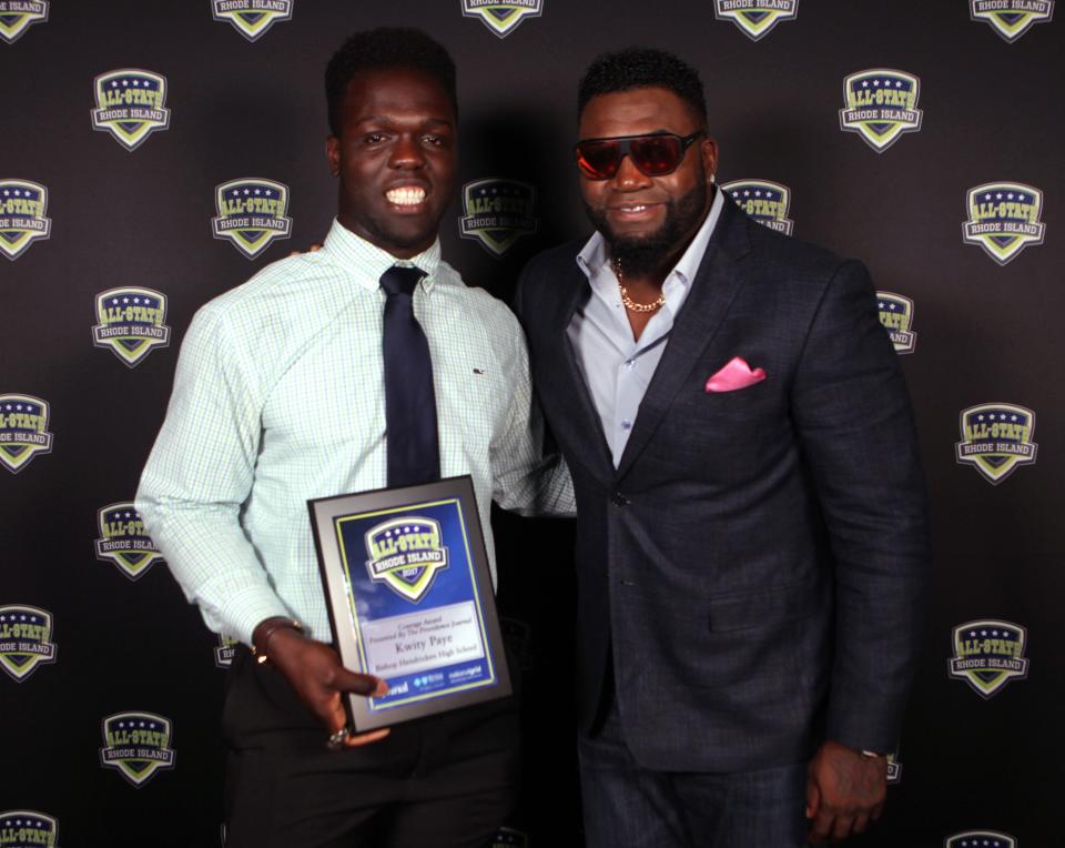 Kwity Paye, left, with former Red Sox star David Ortiz at the 2017 Providence Journal All-State Awards Banquet at the Rhode Island Convention Center.