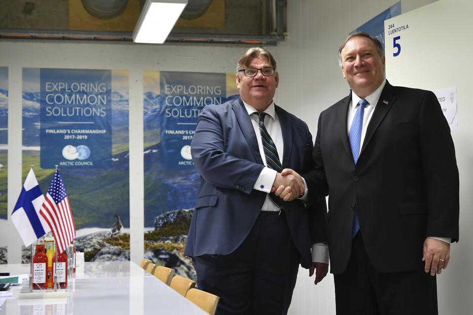 US Secretary of State Mike Pompeo, right, takes part in a bilateral meeting with Finland's Foreign Minister Timo Soini at the Lappi Areena, Tuesday, May 7, 2019, in Rovaniemi, Finland. (Mandel Ngan/Pool Photo via AP)