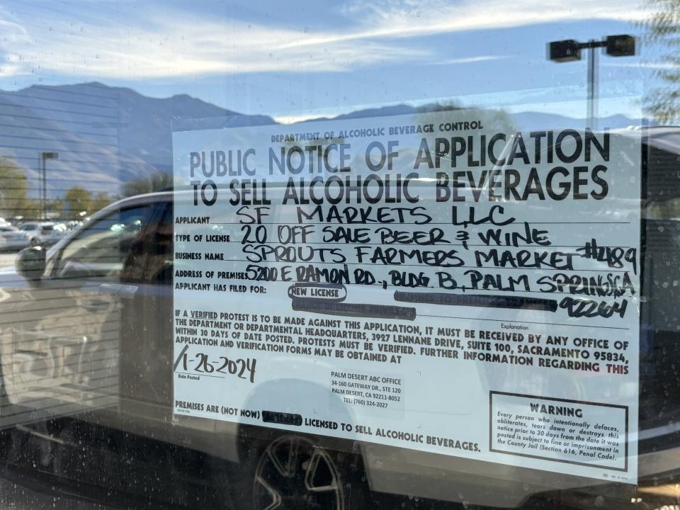 A liquor license application notice could be seen affixed to the window of the former Bed, Bath & Beyond location in Palm Springs on Monday, Jan. 29, 2024. The notice states that a new Sprouts Farmers Market store is planned for the location.