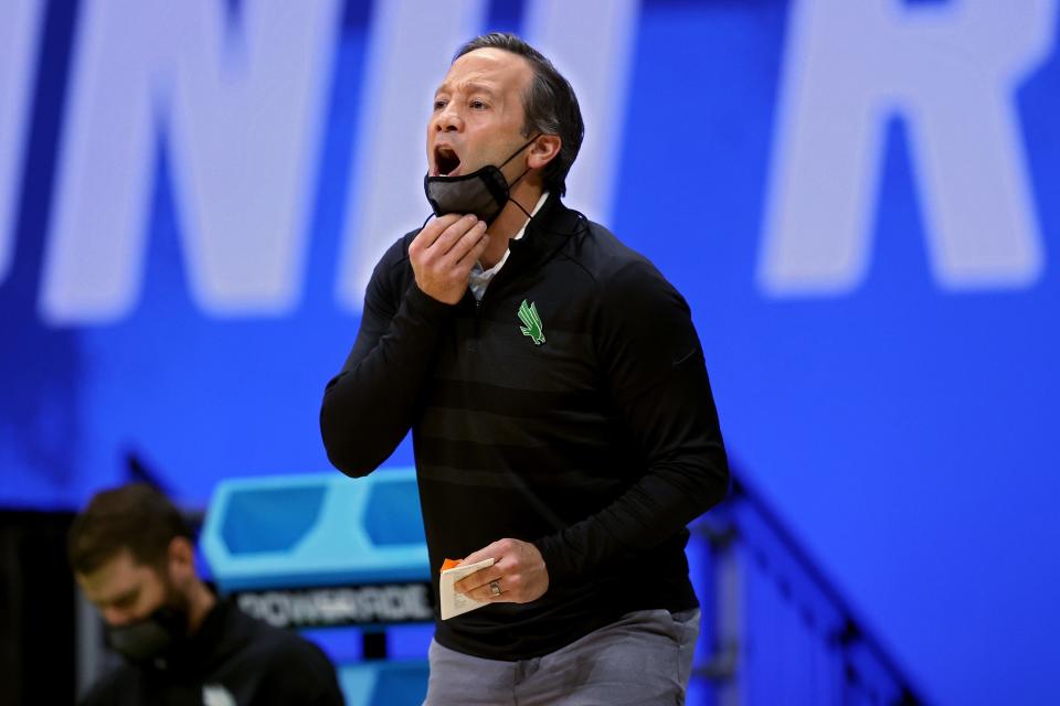 Head coach Grant McCasland of the North Texas Mean Green calls out instructions against the Purdue Boilermakers in the first half in the first round game of the 2021 NCAA Men's Basketball Tournament at Lucas Oil Stadium on March 19, 2021 in Indianapolis, Indiana.
