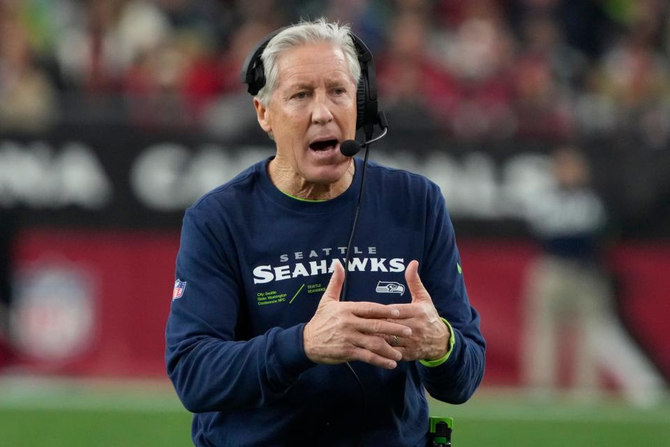 Seattle Seahawks head coach Pete Carroll during the first half of an NFL football game against the Arizona Cardinals, Sunday, Jan. 8, 2024, in Glendale, Ariz.