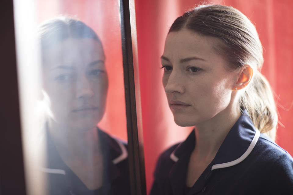 This image released by Britbox shows Kelly Macdonald in a scene from "The Victim," premiering on Sept. 10. (Mark Mainz/Britbox via AP)