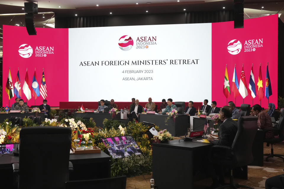 Foreign ministers and delegates attend the plenary session of the ASEAN the Association of Southeast Asian Nations (ASEAN) foreign ministers retreat in Jakarta, Indonesia, Saturday, Feb. 4, 2023. (AP Photo/Achmad Ibrahim)