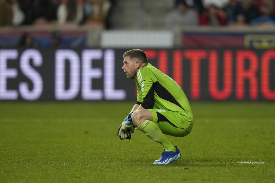 Real Salt Lake goalkeeper Zac MacMath pauses after Sporting Kansas City's Alán Pulido scored during the second half of an MLS soccer match Saturday, Oct. 7, 2023, in Sandy, Utah. (AP Photo/Rick Bowmer)