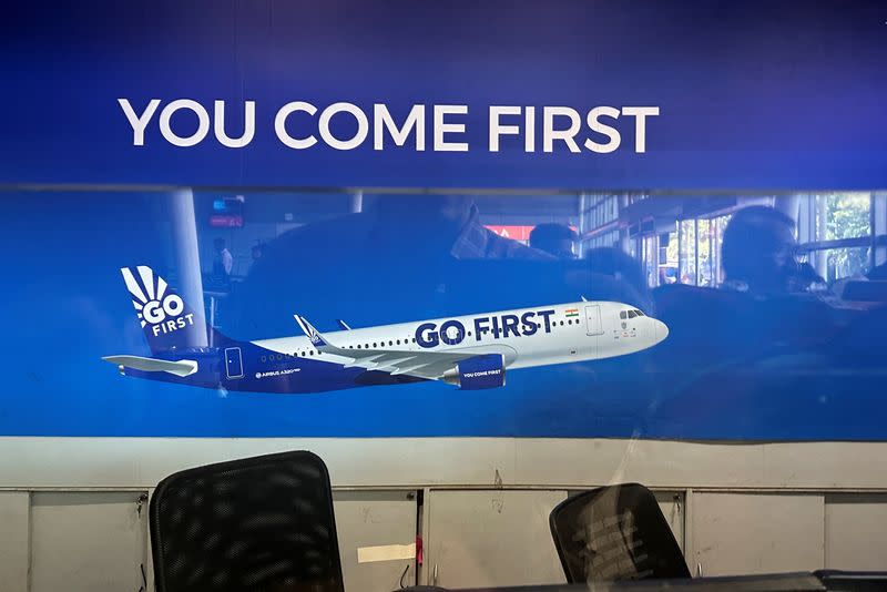 Empty seats are seen at a Go First ticketing counter at the Chhatrapati Shivaji International Airport in Mumbai