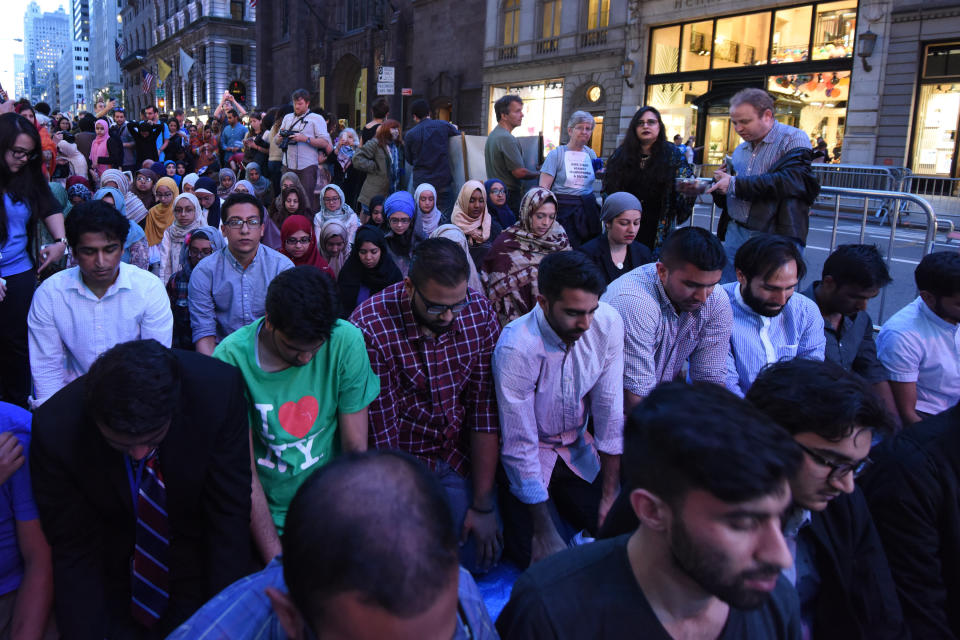 Hundreds of Muslims and allies&nbsp;prayed and ate together during an&nbsp;iftar outside Trump Tower on June 1, 2017.