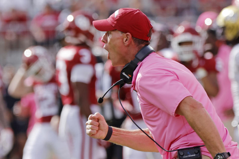 Oklahoma head coach Brent Venables yells from the sidelines in the first half of an NCAA college football game against UCF, Saturday, Oct. 21, 2023, in Norman, Okla. (AP Photo/Nate Billings)