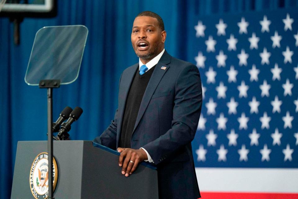 PHOTO: Michael Regan, Administrator of the US Environmental Protection Agency (EPA), speaks at a event on April 4, 2024, in Charlotte, North Carolina. (Allison Joyce/AFP via Getty Images)