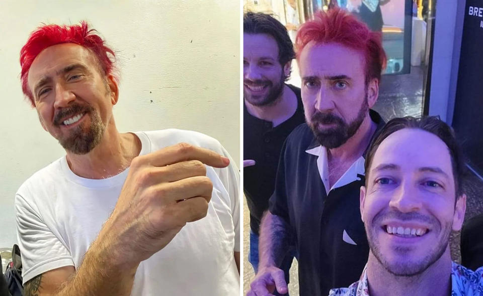 Two photos of Nicolas Cage with bright red hair