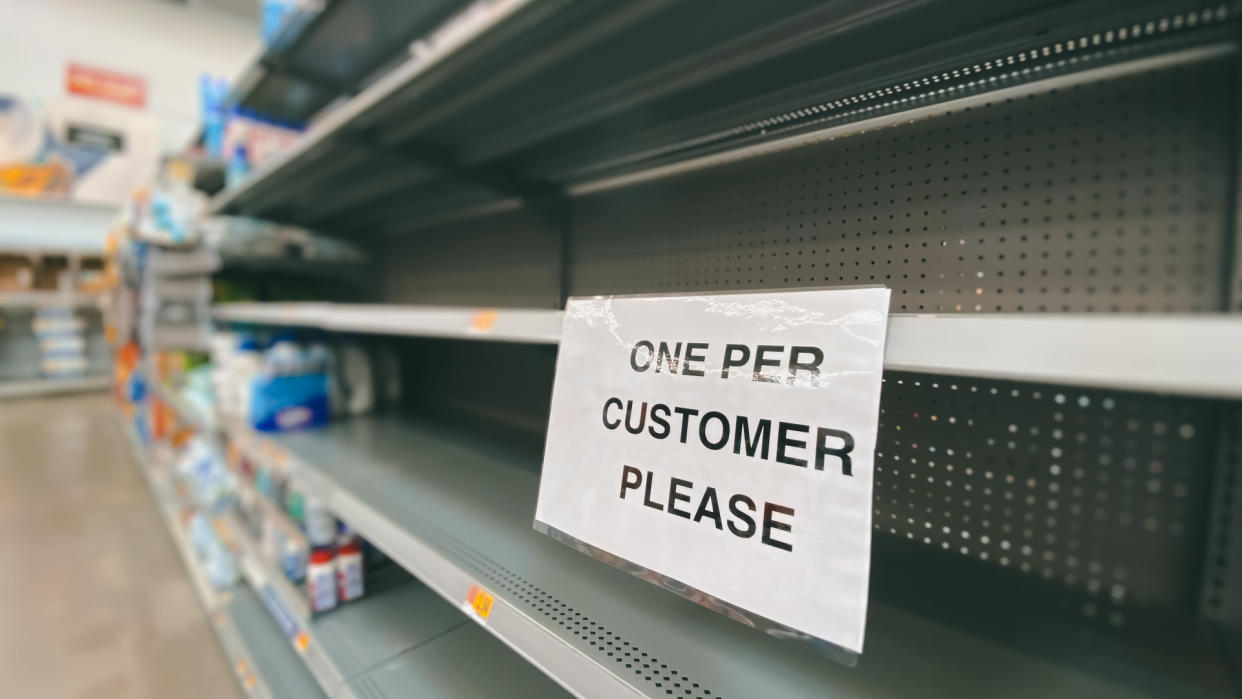 A view of empty shelves at a department store during the Coronavirus pandemic of 2020.