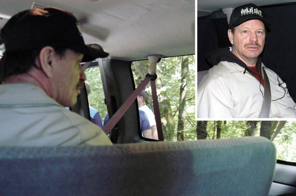 Gary Ridgway, pictured, is seen in undated photos as he leads King County, Wash., investigators to one of the sites where he buried his victims. Ridgway, the notorious Green River Killer, killed at least 49 women in and around Seattle.
