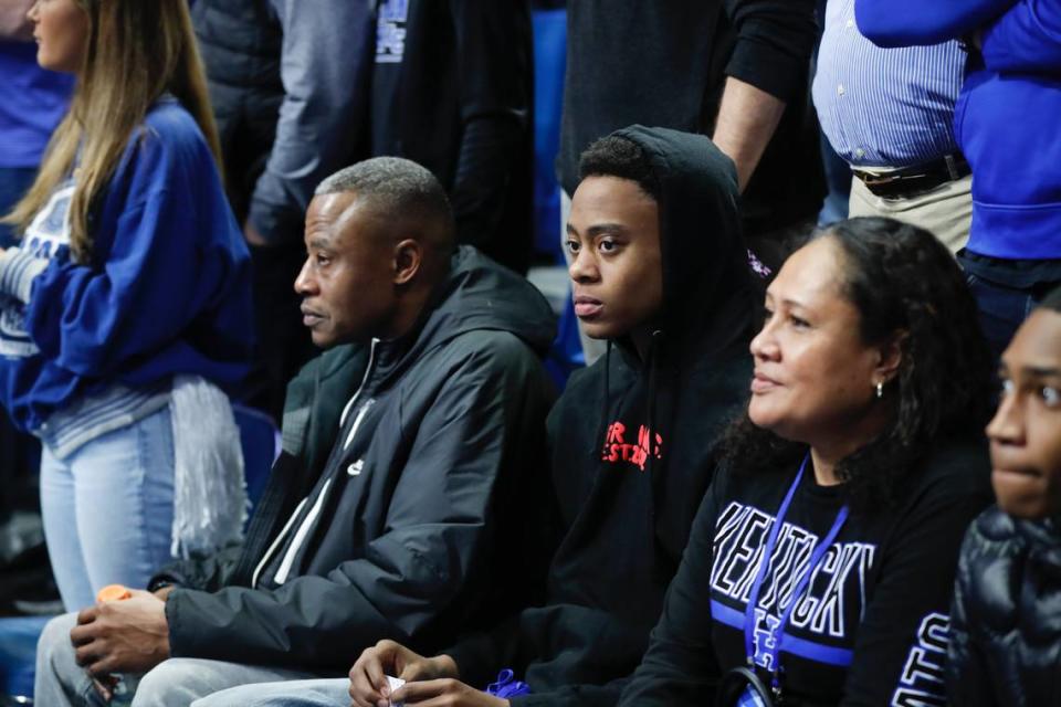 Class of 2024 men’s basketball recruit Tre Johnson watches the Kentucky-Kansas men’s basketball game at Rupp Arena on Jan. 28.