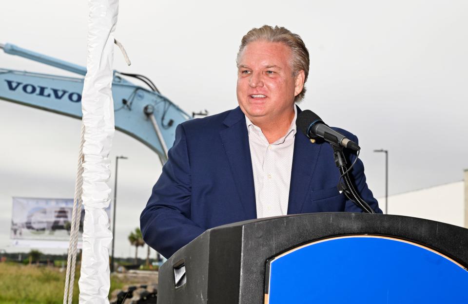 Sarasota County Commissioner Mike Moran speaks during the Sept. 28, 2023, groundbreaking ceremony for the new, $75 million Sarasota County Administration Center. Moran says the county will review its current contractual relationship with United Way Suncoast and may end it unless that organization immediately stops making referrals to Planned Parenthood.