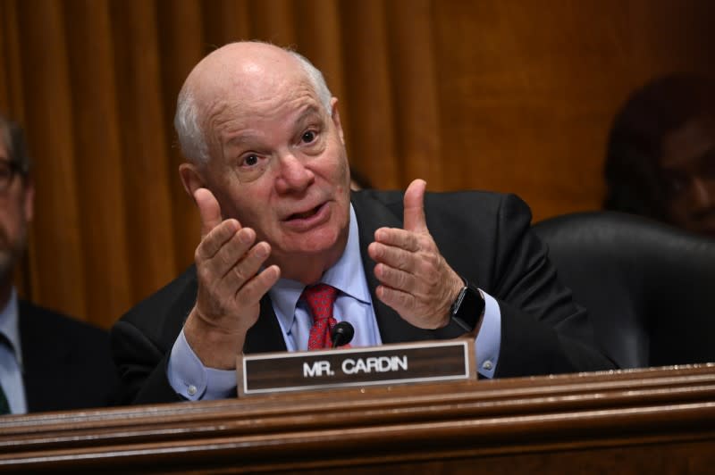 FILE PHOTO: Senator Ben Cardin (D-MD) questions U.S. Secretary of State Mike Pompeo during a Senate foreign Relations Committee hearing on the State Department budget request in Washington