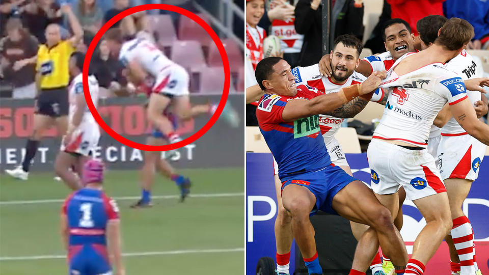 Dragons star Zac Lomax sparked a melee after celebrating a try by jumping on Knights forward Tyson Frizell's back. Pic: Fox Sports/Getty