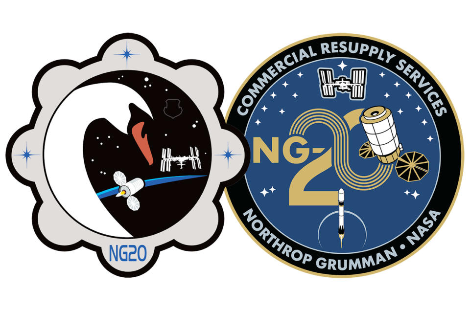 two circular mission patches, one showing a swan's head with the earth in the background, the other showing images of the international space station and Northrop Grumman's Cygnus spacecraft.