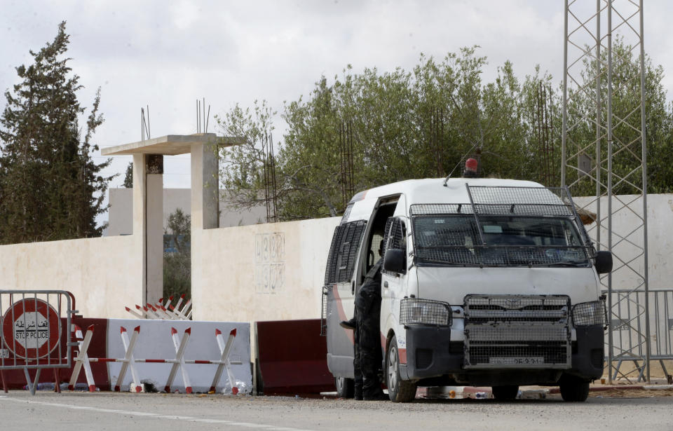 A police van is parked near Ghriba synagogue in Djerba, Tunisia, Wednesday May 10, 2023. Tunisia's TAP news agency says the death toll from a gun attack near a Synagogue on the Mediterranean island of Djerba has risen to five. The victims were two people attending an annual Jewish pilgrimage and three Tunisian police guards. (AP Photo/Moncef Abidi)