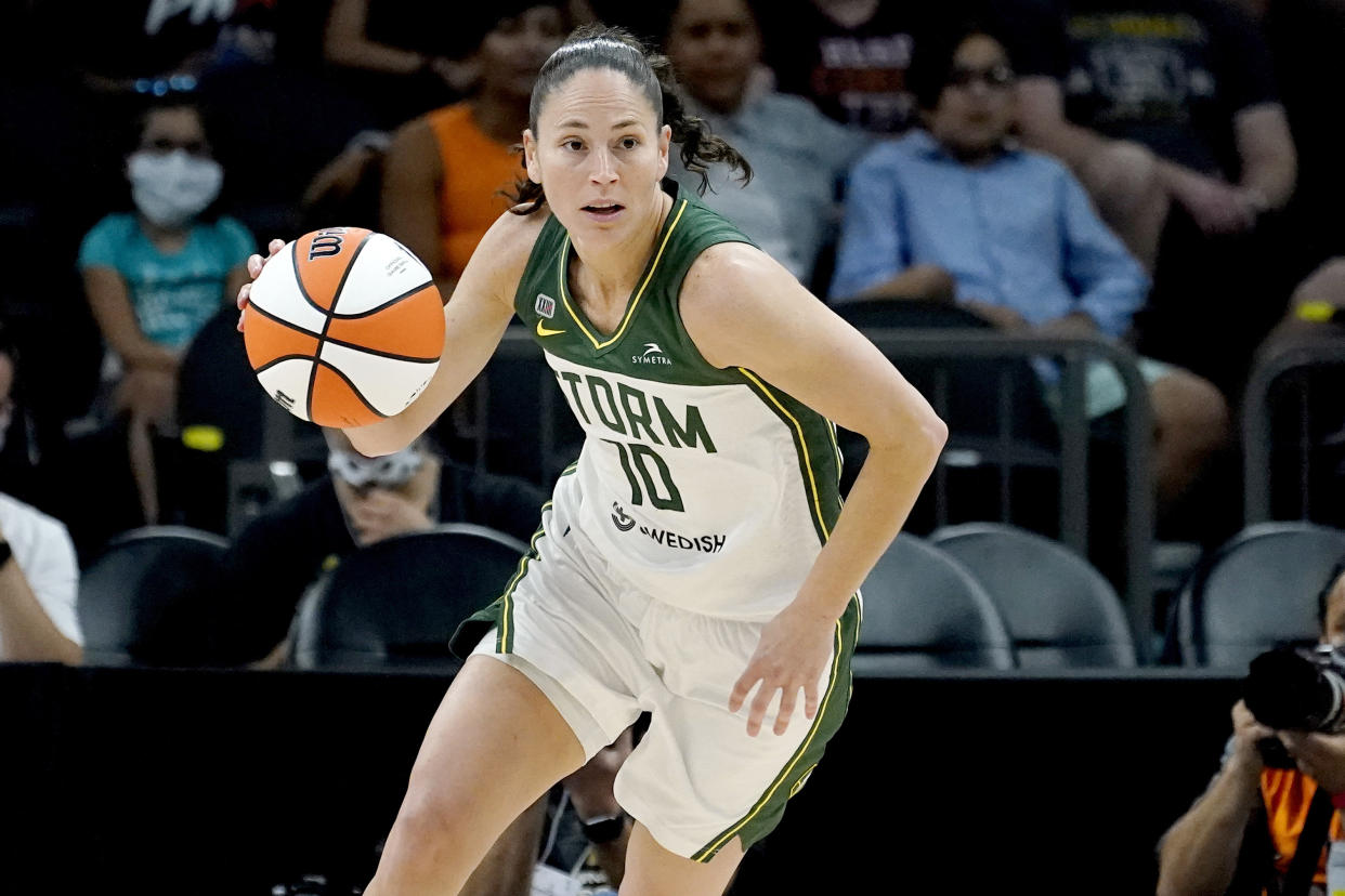 Seattle Storm guard Sue Bird brings the ball upcourt during the first half of the WNBA Commissioner's Cup game against the Connecticut Sun on Aug. 12, 2021, in Phoenix.