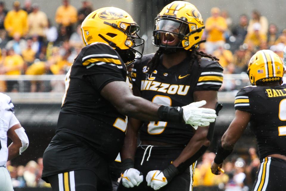 Missouri linebacker Ty’Ron Hopper celebrates after a play during a game against Kansas State at Memorial Stadium on Sept. 16, 2023, in Columbia, Mo.