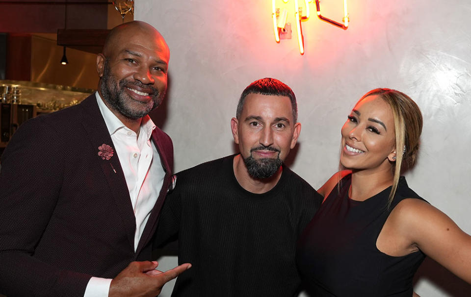 Derek Fisher, Guillaume Guedj and Gloria Govan at Mr. T restaurant on September 23, 2023, in Los Angeles.