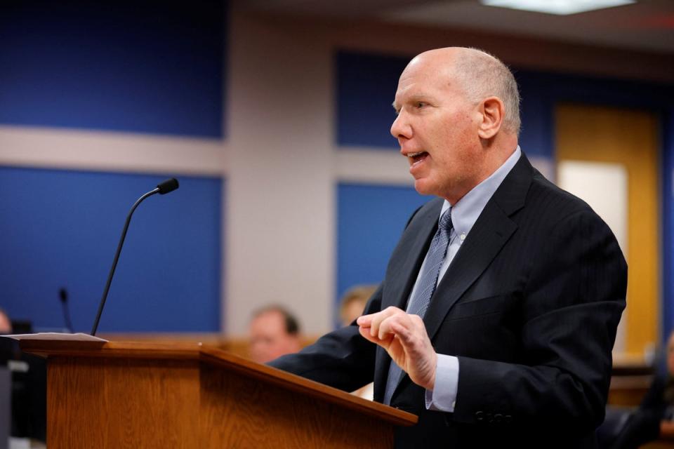 Donald Trump’s attorney Steve Sadow delivers a closing statement in an Atlanta courtroom hearing on 1 March to determine whether to disqualify Fani Willis from the Georgia election interference case (via REUTERS)