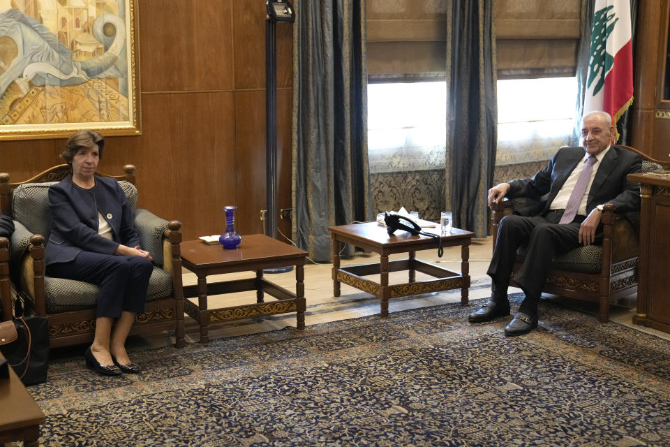 French Foreign Minister Catherine Colonna, left, meets with Lebanese Lebanese Parliament Speaker Nabih Berri, right, in Beirut, Lebanon, Monday, Dec. 18, 2023. (AP Photo/Hussein Malla)