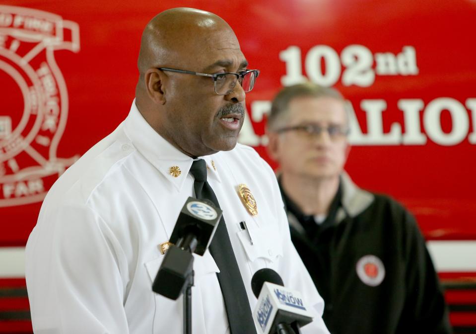 South Bend Fire Chief Carl Buchanon speaks at a news conference Monday, Jan. 22, 2024, at the South Bend Central Fire Station.