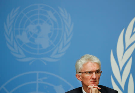 U.N. humanitarian coordinator Mark Lowcock attends a news conference at the United Nations in Geneva, Switzerland, September 10, 2018. REUTERS/Denis Balibouse