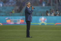 Italian tenor Andrea Bocelli performs prior to the Euro 2020, soccer championship group A match between Italy and Turkey, at the Rome Olympic stadium, Friday, June 11, 2021. (AP Photo/Alessandra Tarantino, Pool)