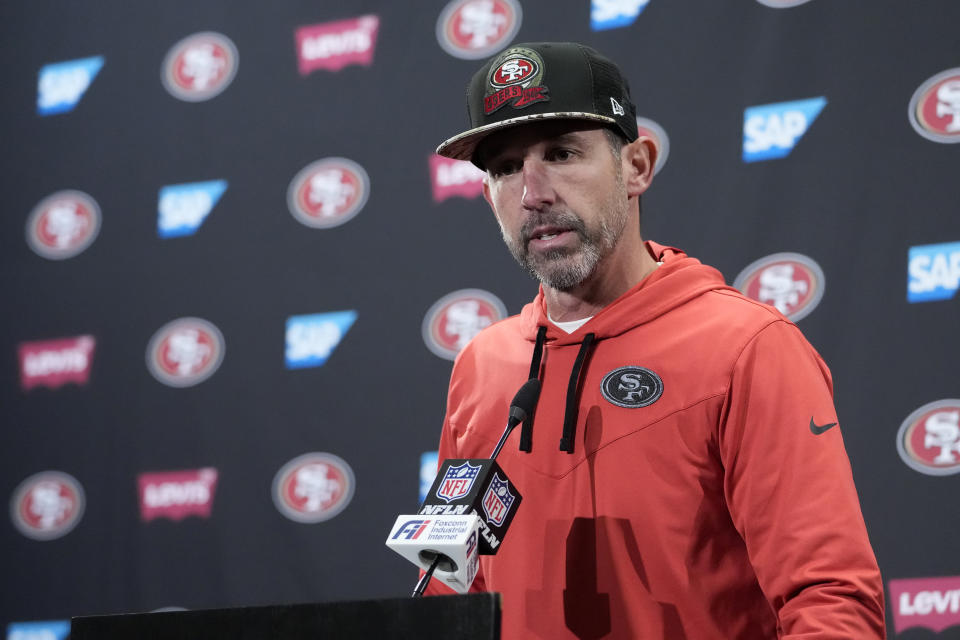 San Francisco 49ers head coach Kyle Shanahan speaks at news conference after the team's NFL football game against the New Orleans Saints in Santa Clara, Calif., Sunday, Nov. 27, 2022. (AP Photo/Godofredo A. Vásquez)