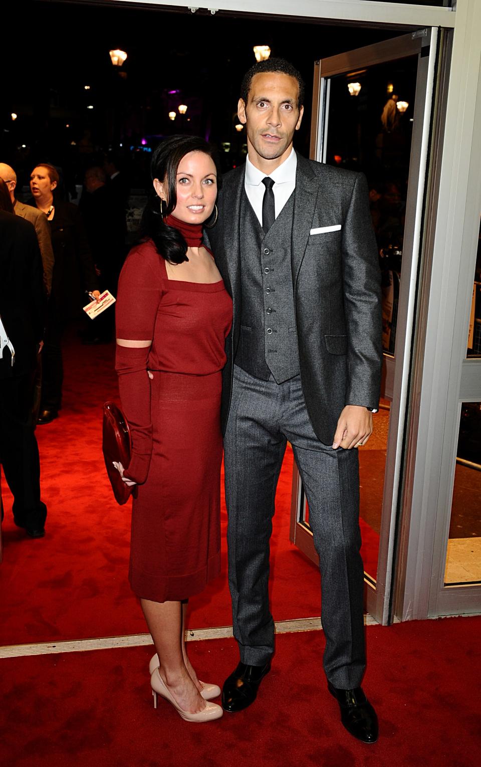 Rio Ferdinand and girlfriend Rebecca Ellison arriving for the world premiere of Dead Man Running at the Odeon West End, Leicester Square, London   (Photo by Ian West/PA Images via Getty Images)