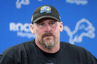 Detroit Lions head coach Dan Campbell speaks to the media before an NFL football practice in Allen Park, Mich., Thursday, May 25, 2023. (AP Photo/Paul Sancya)