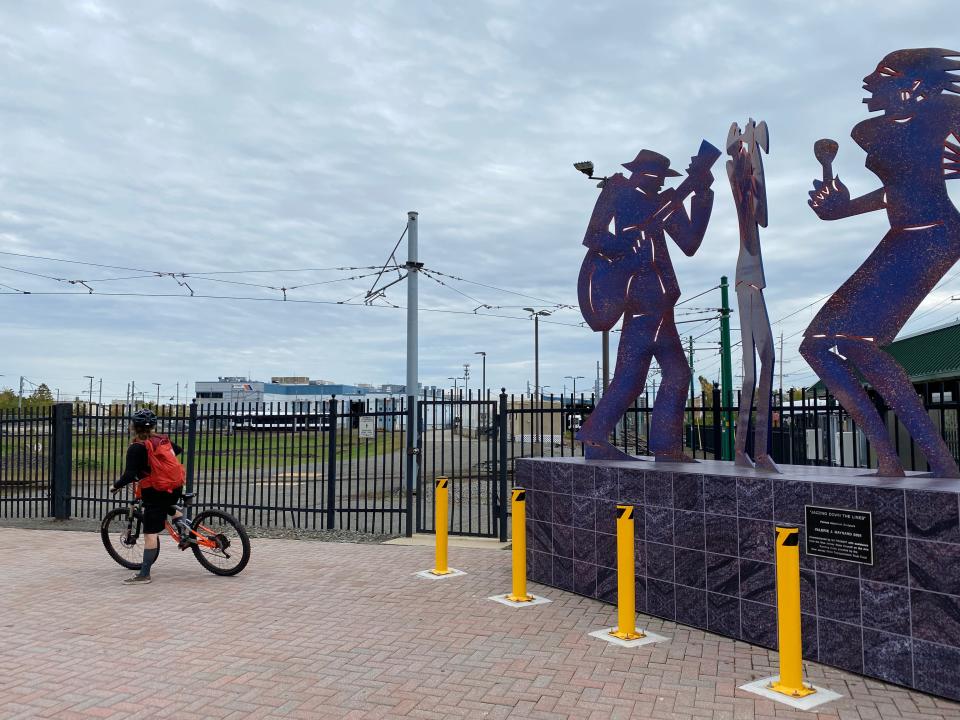 The light rail station on Grove Avenue in Bloomfield was part of the Montclair to Newark history bike tour sponsored by Montclair Design Week. October 25, 2020.