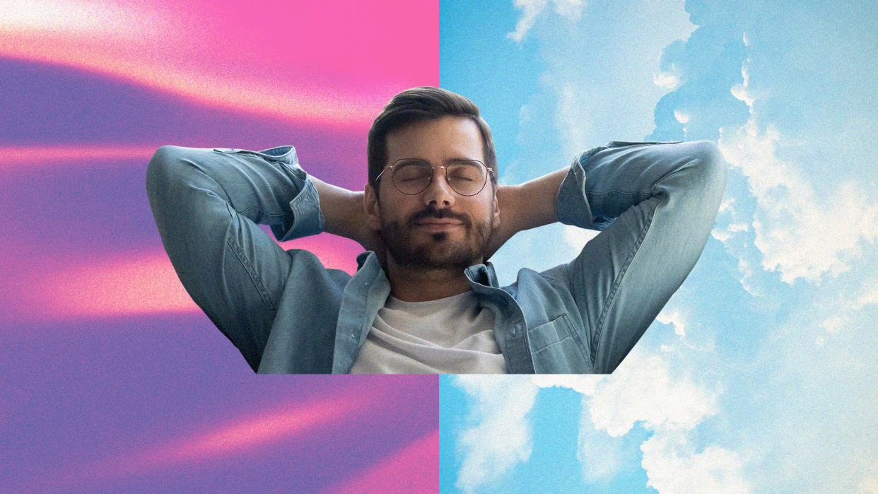 A photo illustration shows a man leaning back, with his eyes closed and his hands clasped behind his head. In the background appear to be satin sheets and puffy clouds.