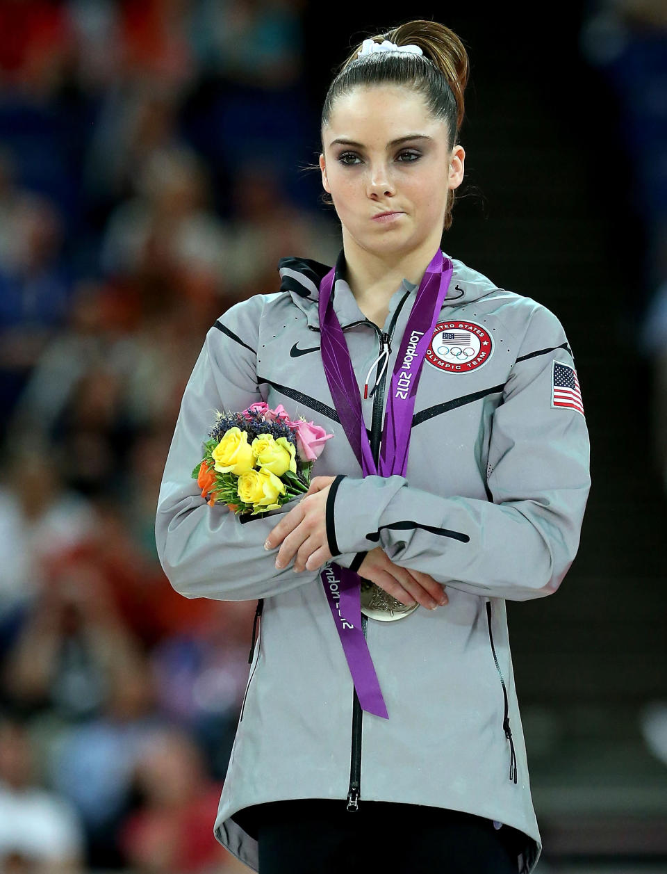 McKayla Maroney of the United States stands on the podium with her silver medal during the medal ceremony following the Artistic Gymnastics Women's Vault final on Day 9 of the London 2012 Olympic Games at North Greenwich Arena on August 5, 2012 in London, England. (Photo by Ronald Martinez/Getty Images)<br><br> <b>Related photos:</b> <a href="http://yhoo.it/NlKlUN" rel="nofollow noopener" target="_blank" data-ylk="slk:McKayla Maroney meme goes viral;elm:context_link;itc:0;sec:content-canvas" class="link ">McKayla Maroney meme goes viral</a>