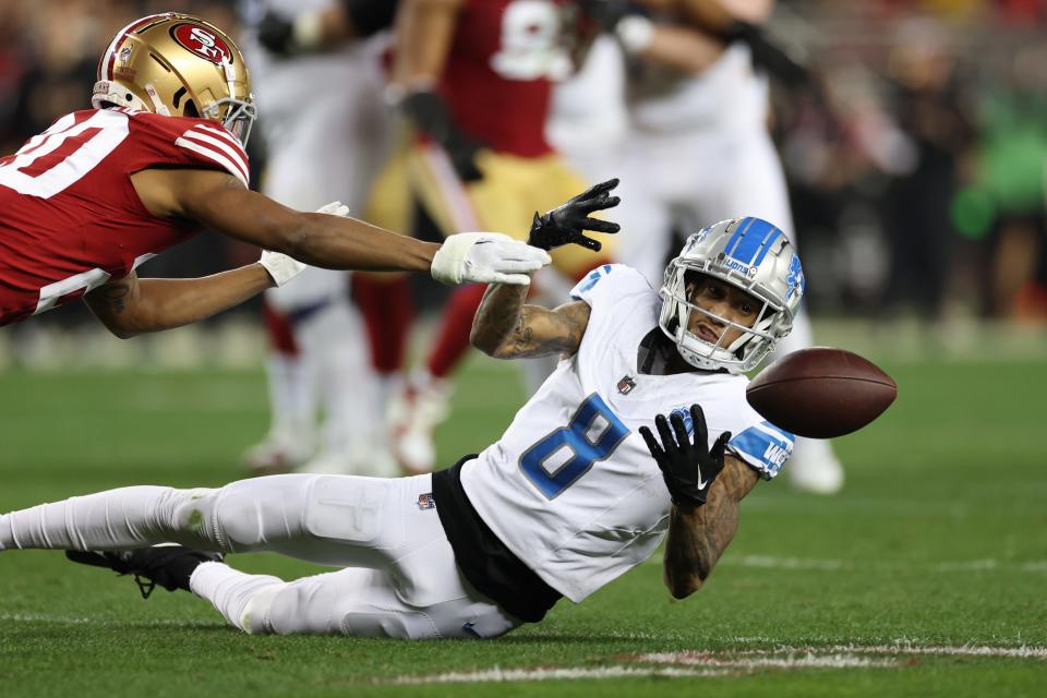 Josh Reynolds of the Detroit Lions is unable to make a catch during the third quarter against the San Francisco 49ers in the NFC championship game at Levi's Stadium on Jan. 28, 2024, in Santa Clara, Calif.