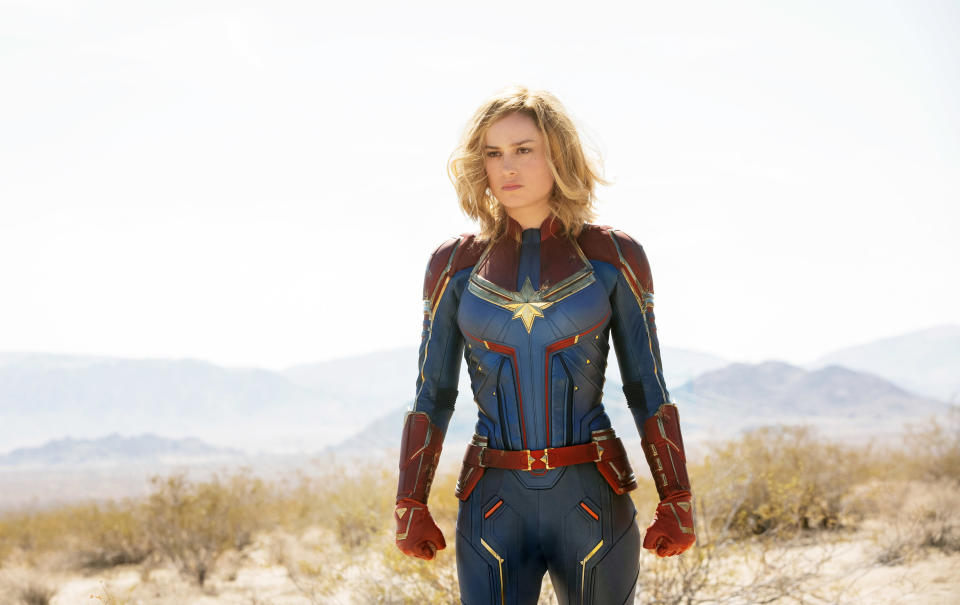 Brie Larson with perfect hair after a battle in "Captain Marvel"