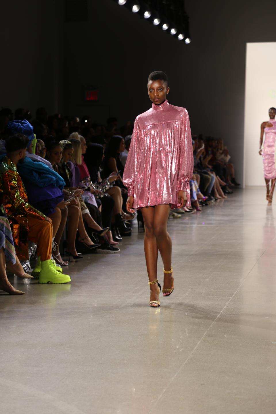 A model wears fashion from the Christian Cowan collection during Fashion Week in New York on Tuesday, Sept. 10, 2019. (AP Photo/Ragan Clark)