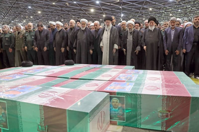 Iranian Supreme Leader Ayatollah Ali Khamenei leads a funeral service for the late President Ebrahim Raisi, Foreign minister and others killed in a helicopter crash. -/Supreme Leader of Iran Official Website/dpa