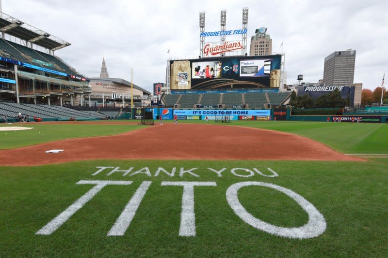 The Cleveland Guardians say "Thank You" to manager Terry Francona with an on-field painting Wednesday at Progressive Field in Cleveland. Photo by Aaron Josefczyk/UPI