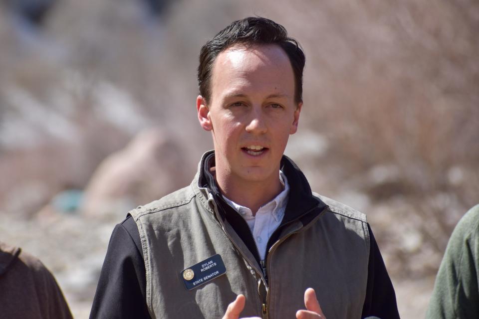  State Sen. Dylan Roberts, a Democrat from Frisco, speaks at a press conference in Glenwood Canyon on April 7, 2023. (Chase Woodruff/Colorado Newsline)