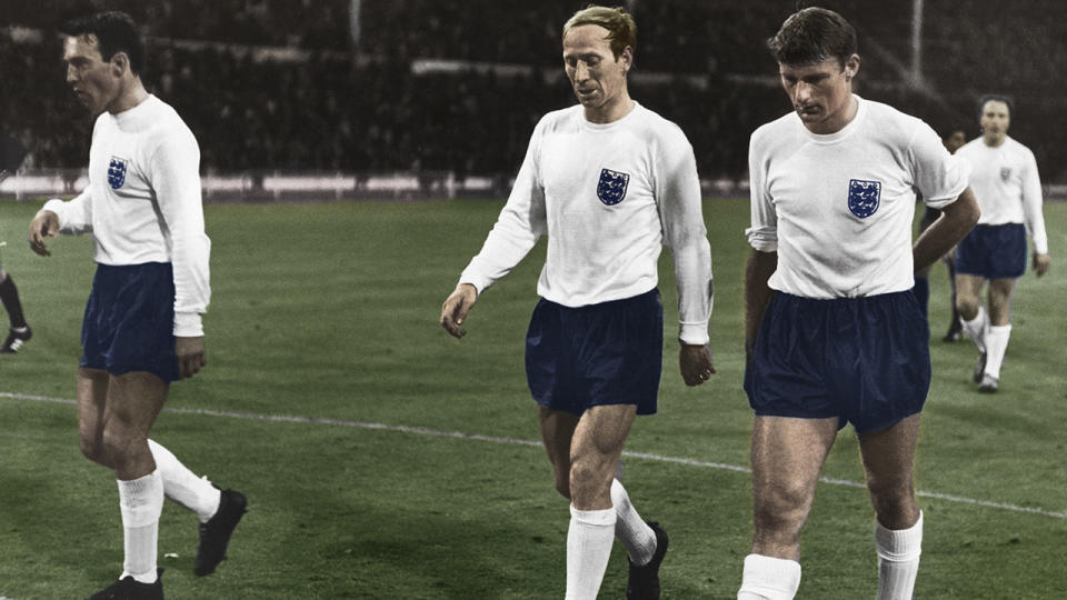 Jimmy Greaves, Bobby Charlton and Roger Hunt, pictured here in action for England.