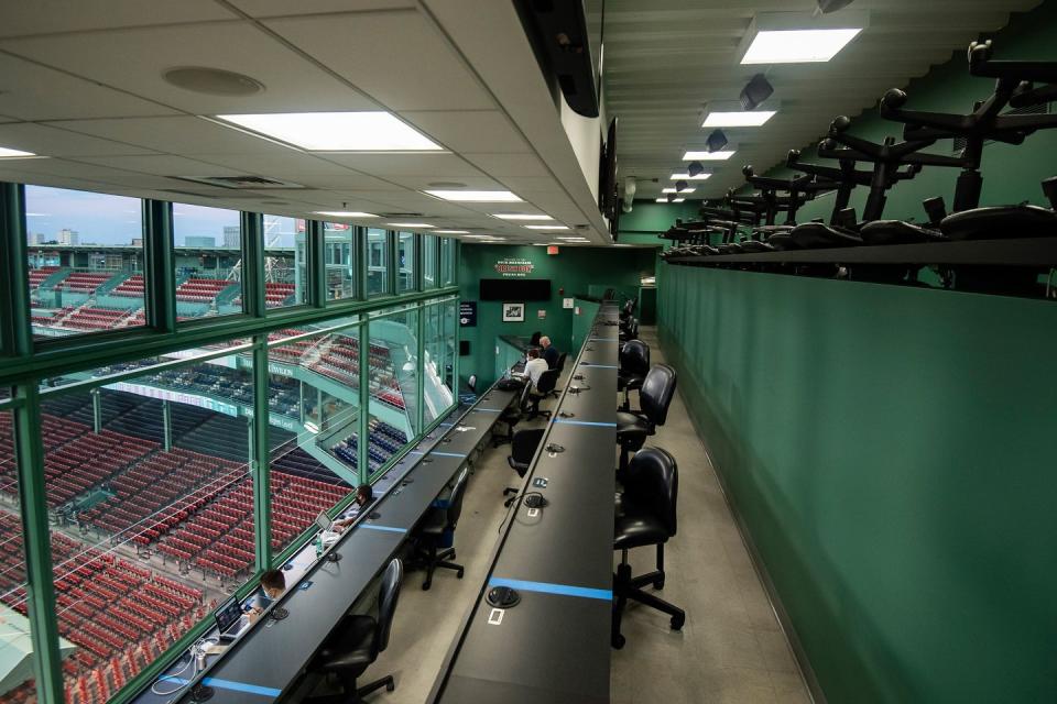 <p>The press box during a Boston Red Sox intrasquad game during a summer camp workout before the start of the 2020 Major League Baseball season on July 20 at Fenway Park.</p>