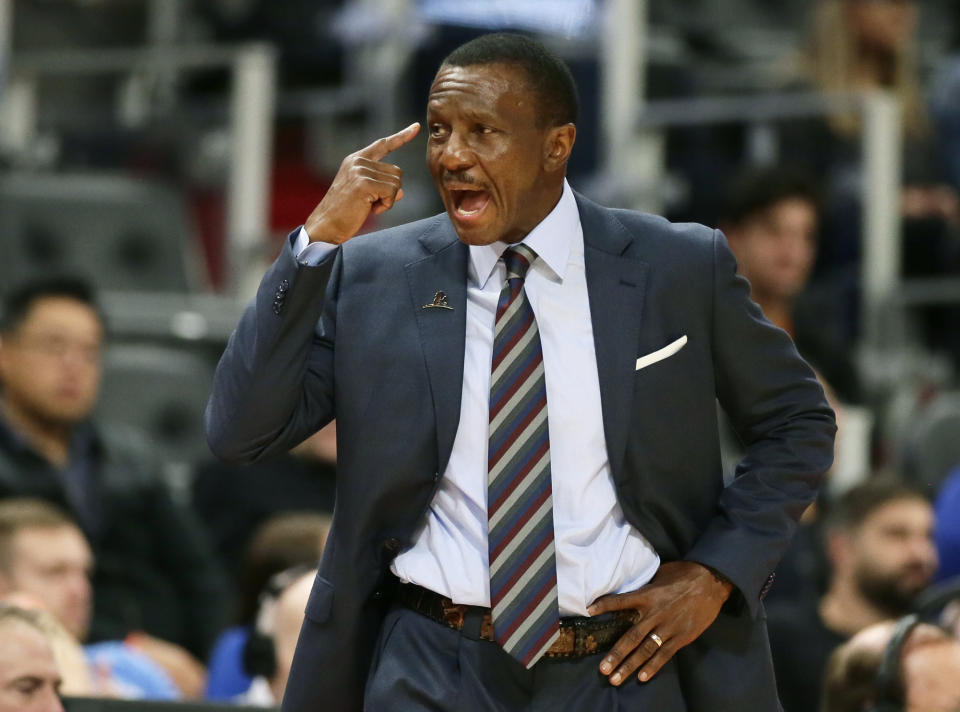 Detroit Pistons head coach Dwane Casey shouts to a layer during the second half of an NBA preseason basketball game against the Cleveland Cavaliers, Friday, Oct. 11, 2019, in Detroit. (AP Photo/Duane Burleson)