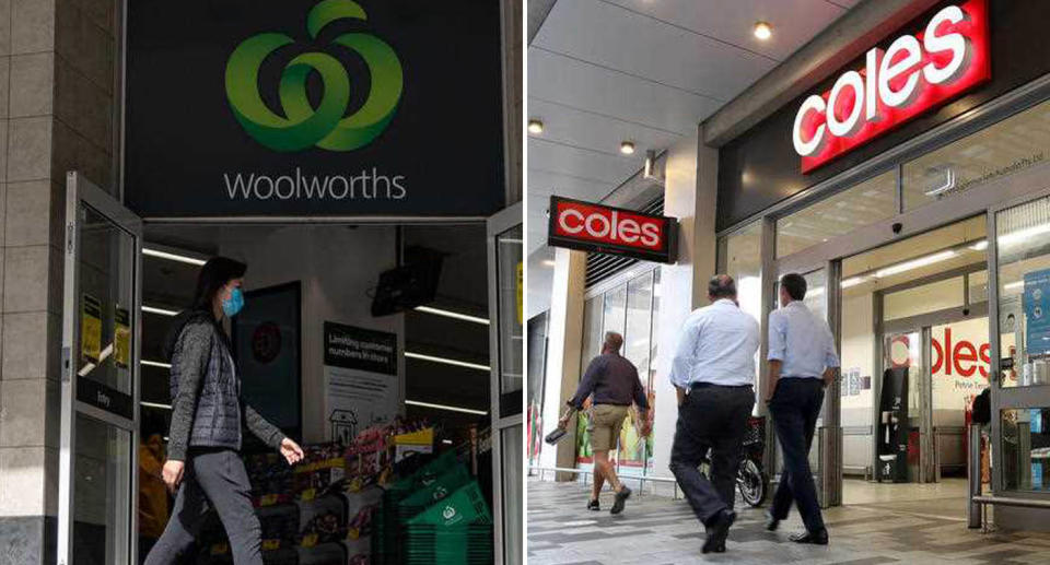 A Coles and Woolworths supermarket are both pictured.