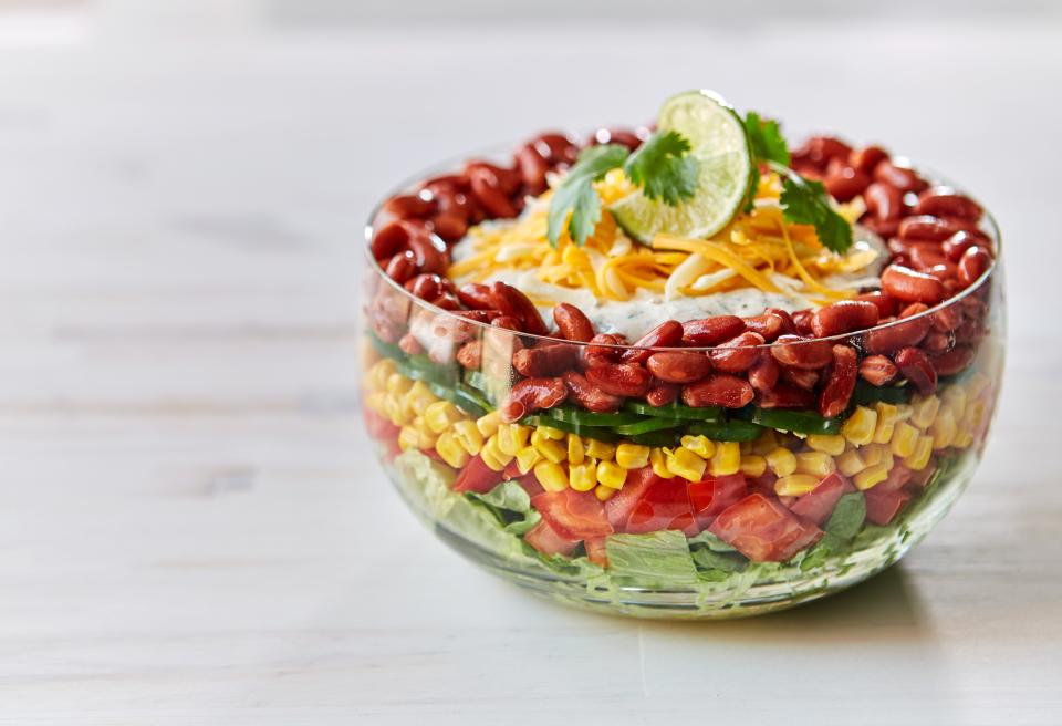 A layer salad with kidney beans