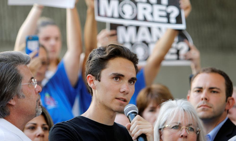 David Hogg, a senior at Marjory Stoneman Douglas high school, speaks at a rally calling for more gun control three days after the shooting at his school.